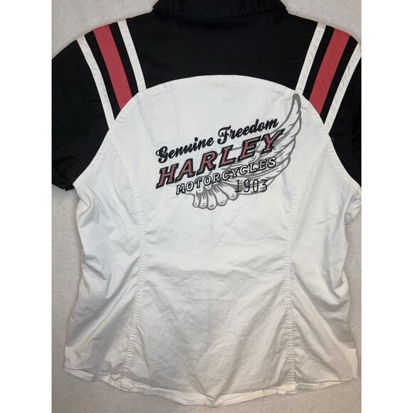 Vintage Harley Davidson Womens XL Spell Out Striped Full Zip Mechanic Shirt - Picture 8 of 10
